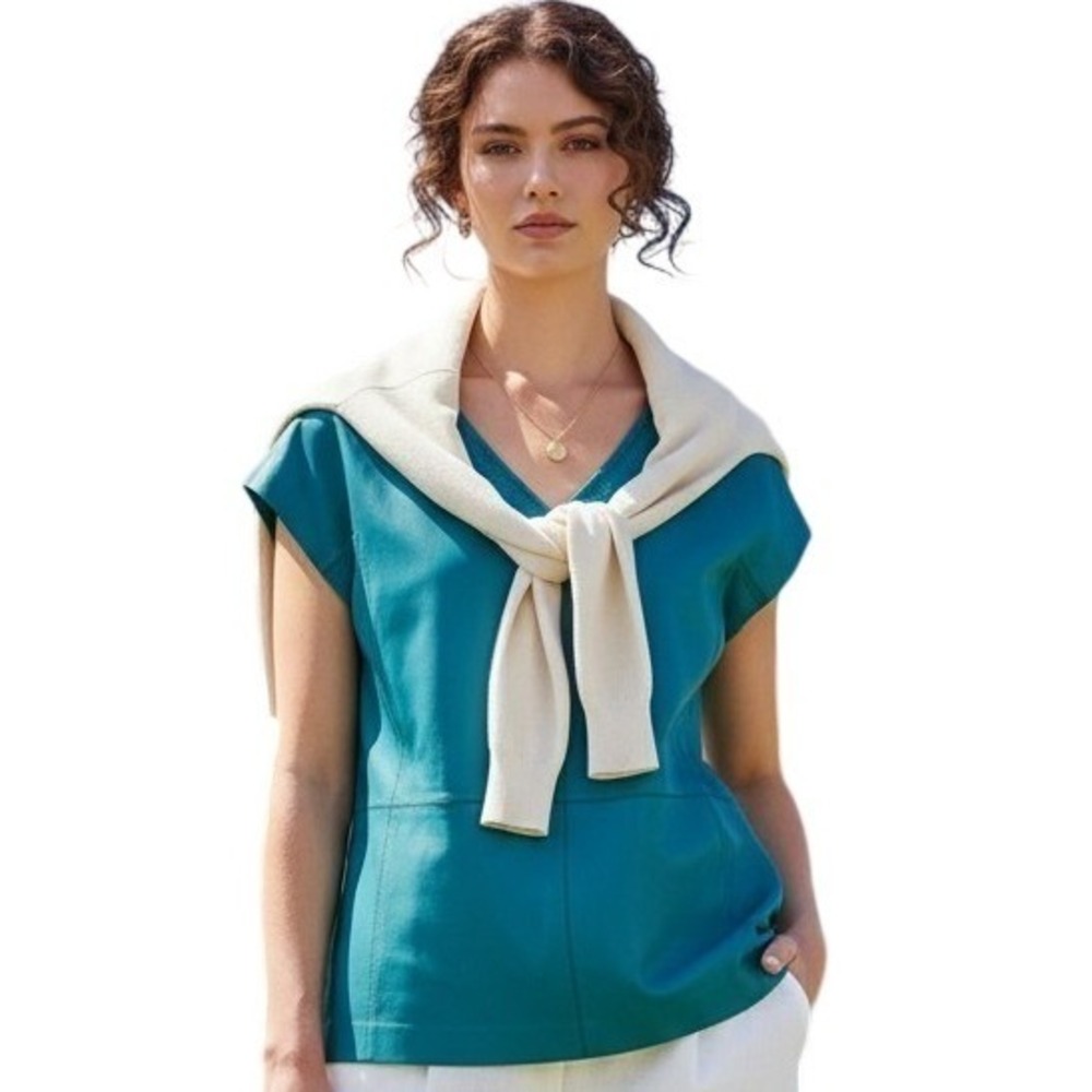 Lafayette 148 Smooth Leather Patchwork Women's size Large Classy Whimsy Rock Top